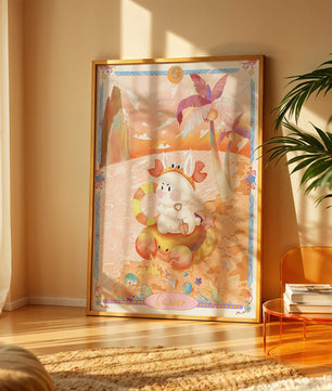 Charming Zodiac Cancer Illustration with Cartoon Bunny on a Beach