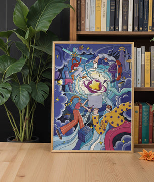 Exploration cosmique colorée avec personnages animés et formes géométriques