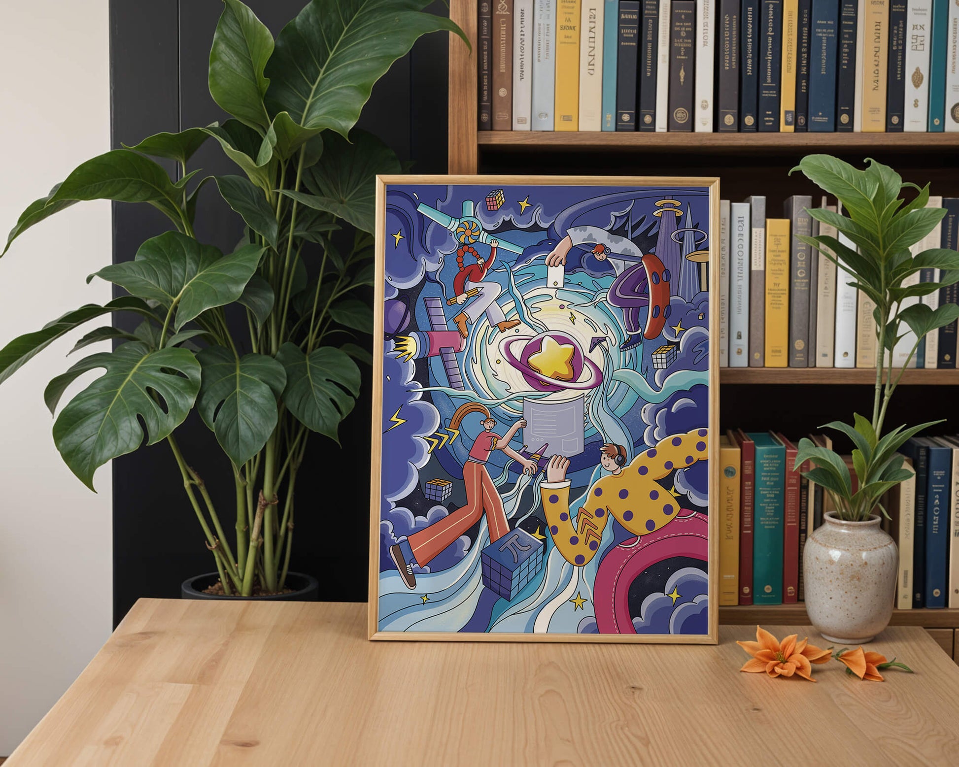 Colorful Cosmic Exploration with Animated Characters and Geometric Shapes