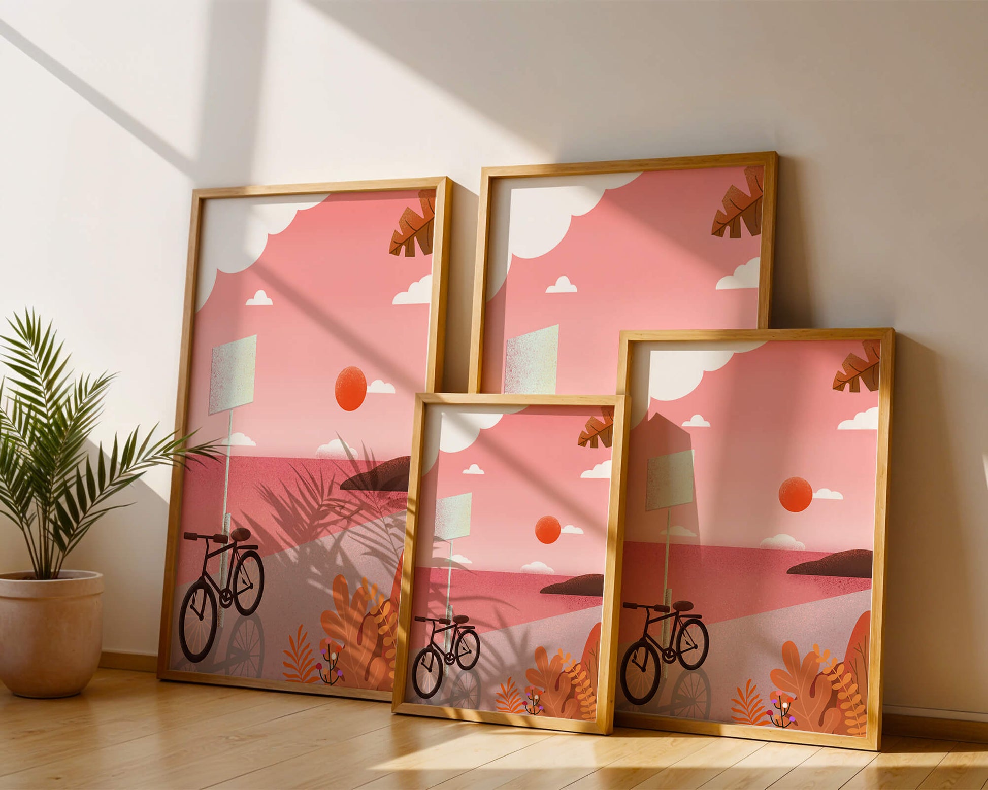 Serene sunset with bicycle by the sea in pastel colors