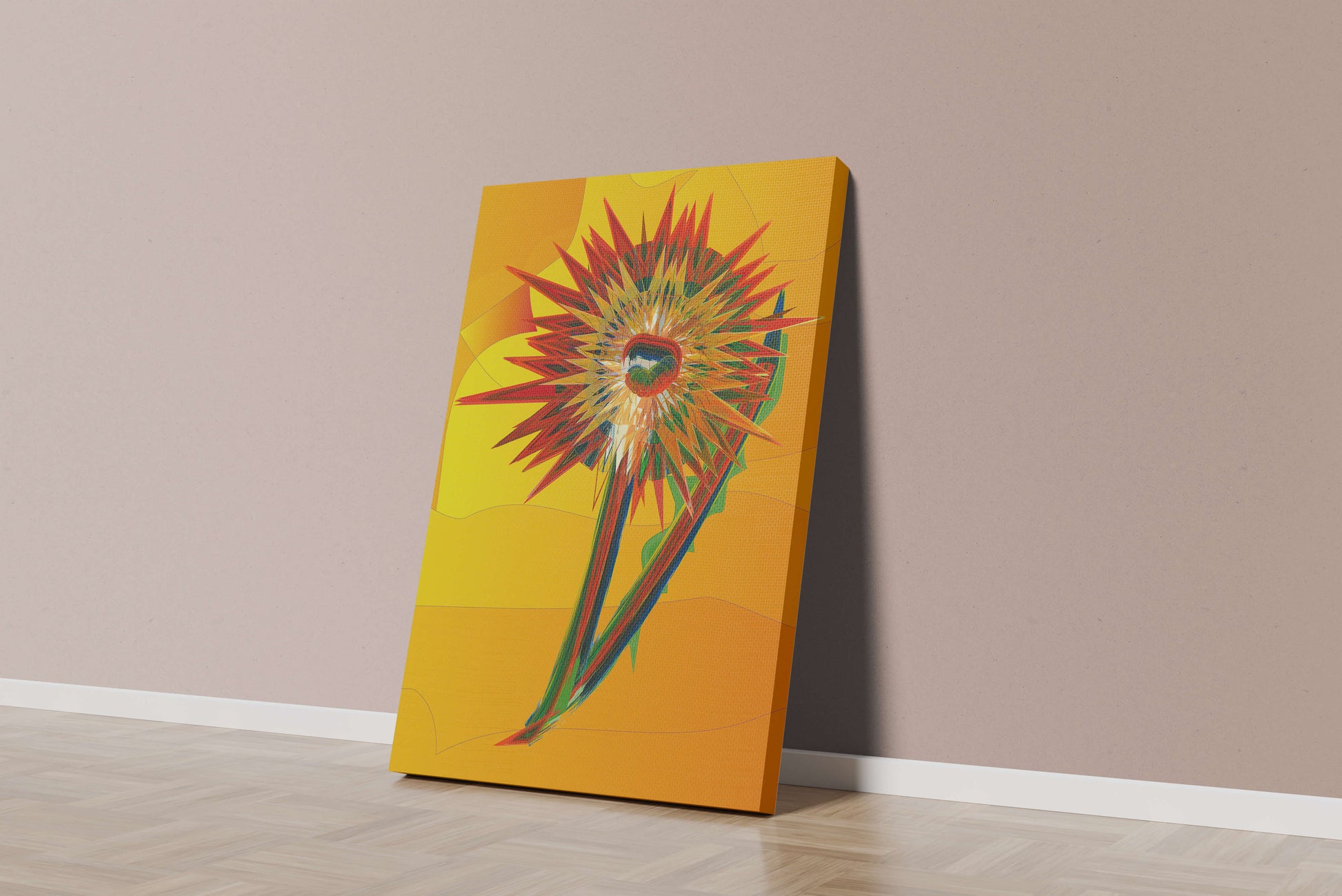 Abstract vibrant sunflower art with dynamic geometric shapes
