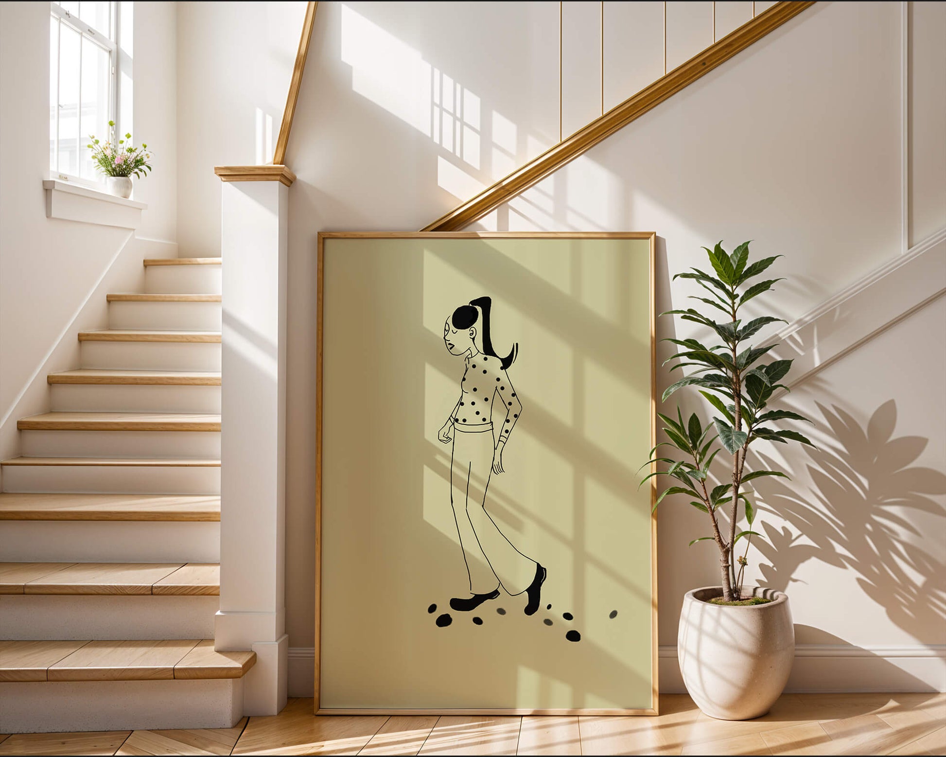 Illustration of a person walking in a polka dot shirt with ponytail