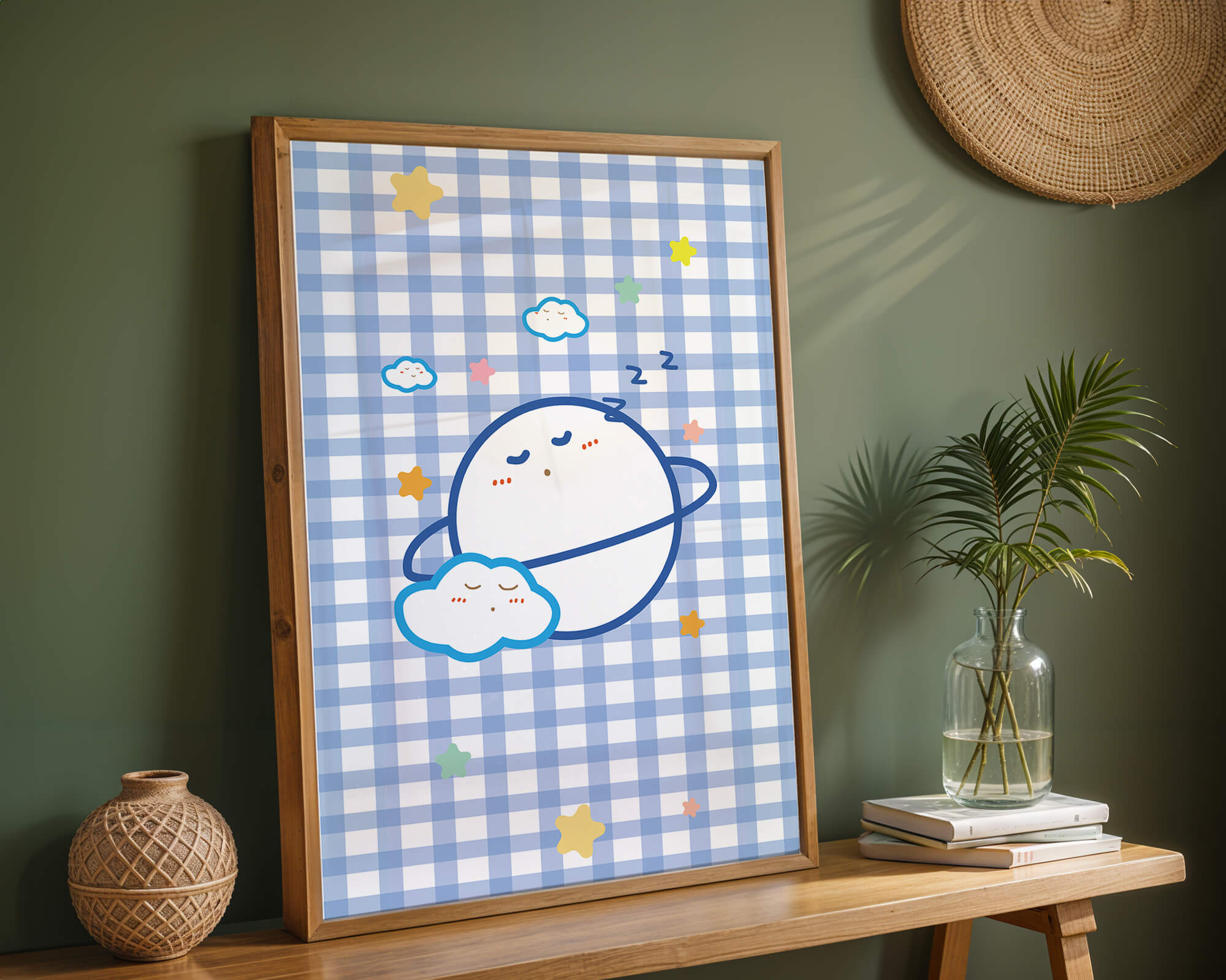 Whimsical sleep theme with planets and clouds on a checkered background