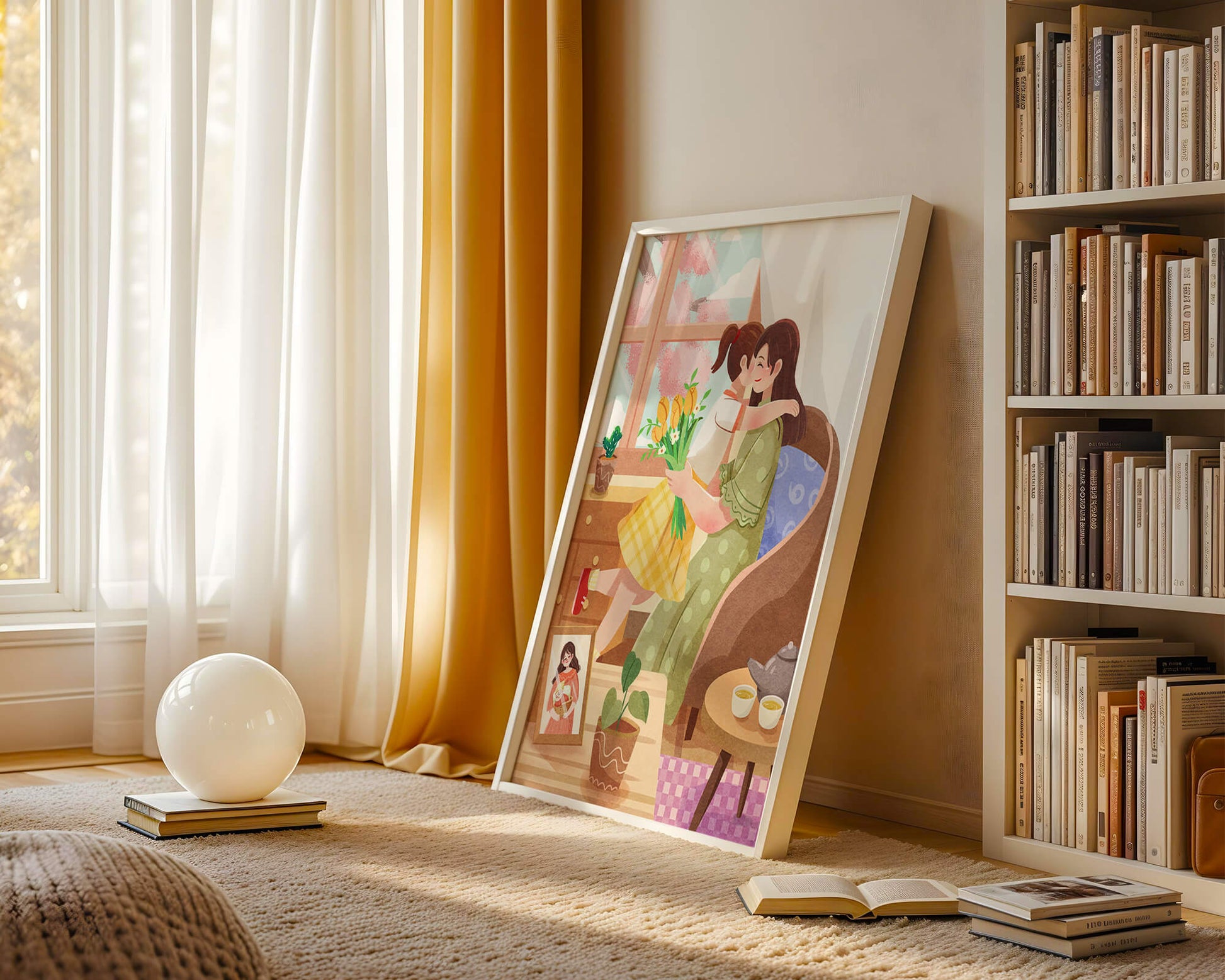 Cozy living room scene with mother and daughter hugging near window