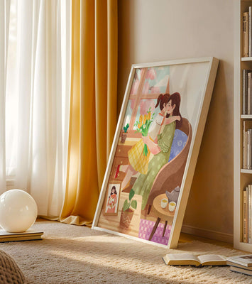 Cozy living room scene with mother and daughter hugging near window
