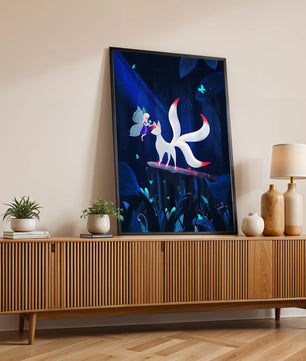 Enchanted forest with fairy and mystical creature under moonlit sky