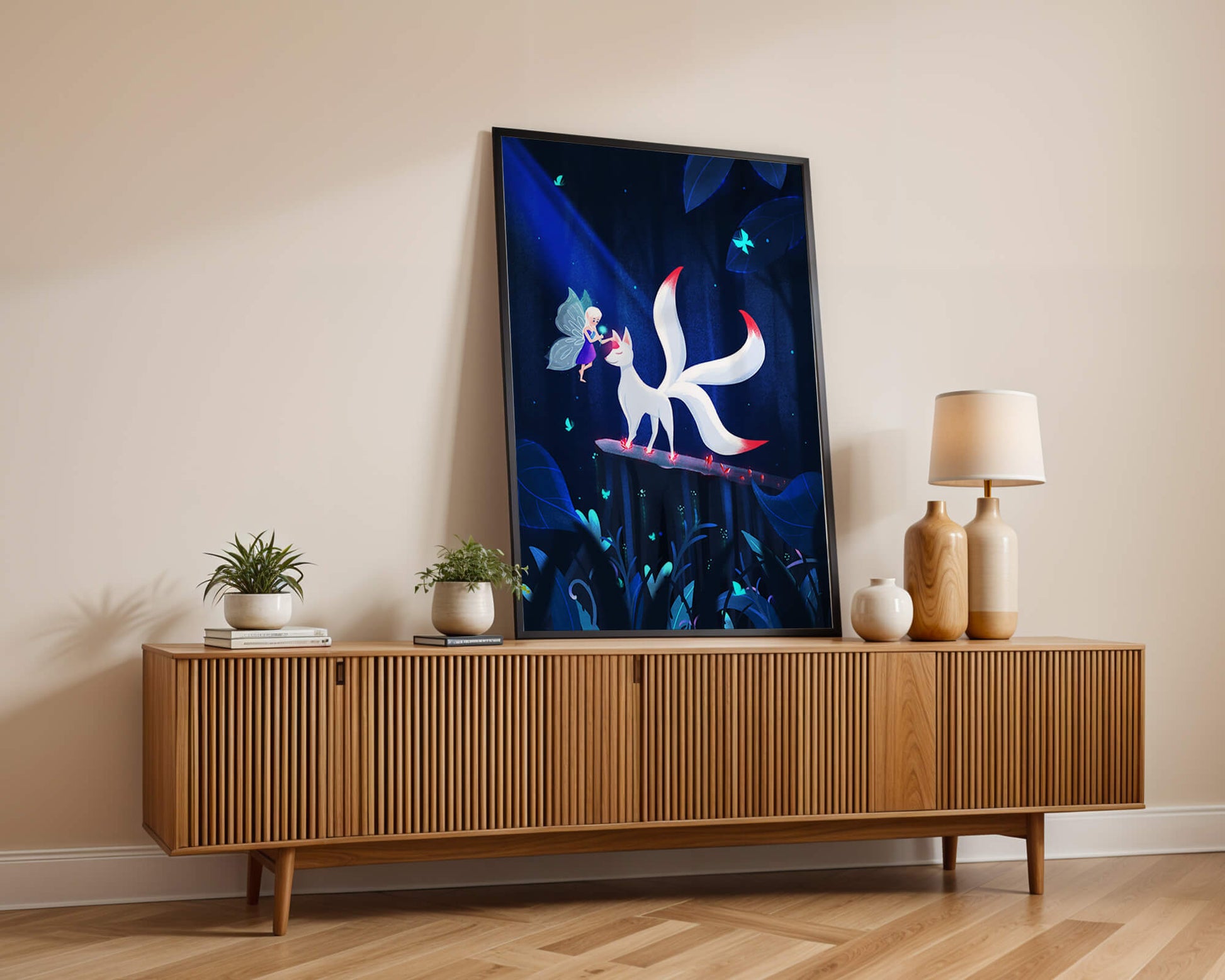 Enchanted forest with fairy and mystical creature under moonlit sky