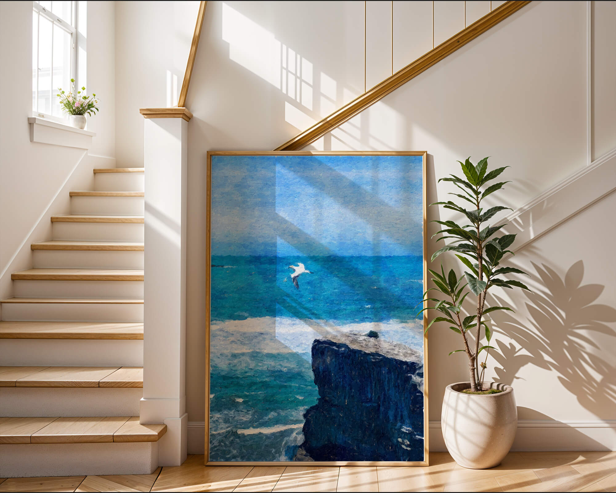 Seascape with soaring seagull over rocky cliff and ocean waves