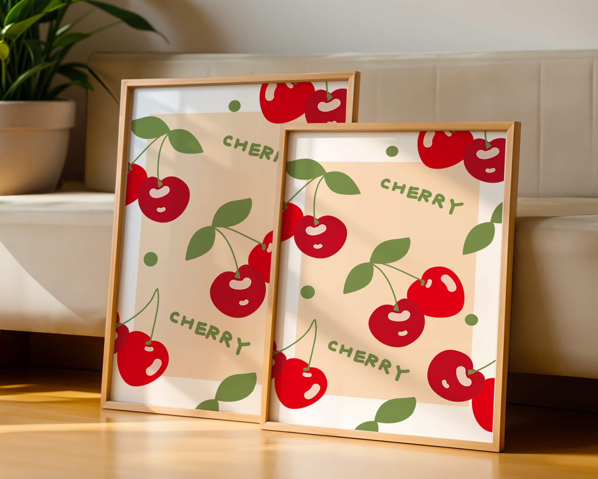 Cherry pattern on black background with green leaves