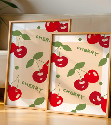 Cherry pattern on black background with green leaves
