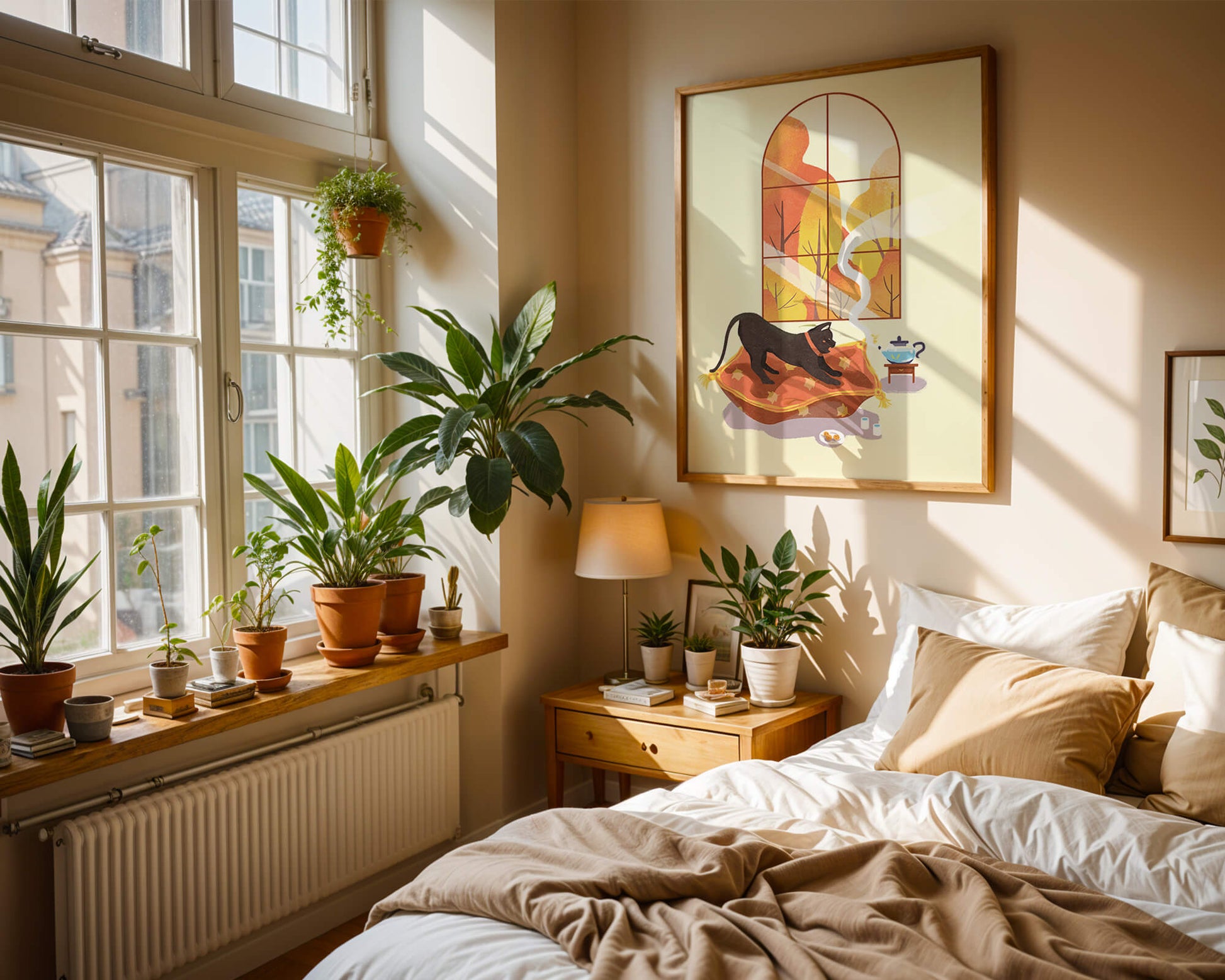 Black Cat Relaxing on Cozy Pillow with Scenic Window View