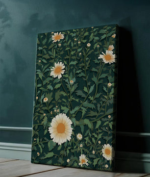 Floral pattern with daisies on a dark green background