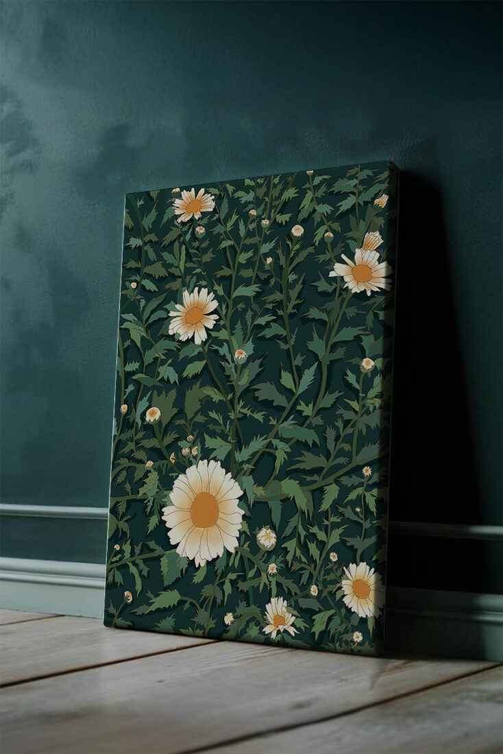 Floral pattern with daisies on a dark green background