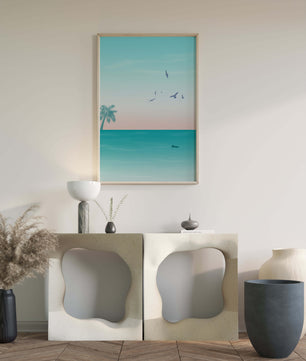 Serene Beach Landscape with Palm Trees and Seagulls at Sunset