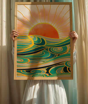 Sunrise over stylized ocean waves with gold accents