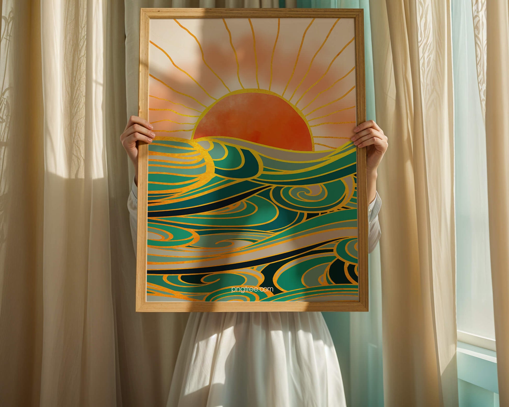 Sunrise over stylized ocean waves with gold accents