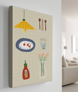 Artículos de cocina ilustrados que incluyen lámpara, utensilios y flores