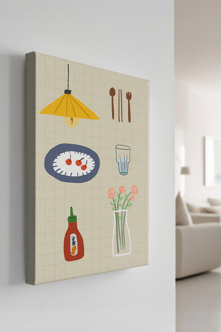 Artículos de cocina ilustrados que incluyen lámpara, utensilios y flores