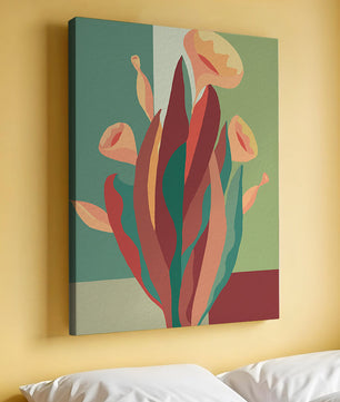 Abstract floral illustration with bold colors and geometric background