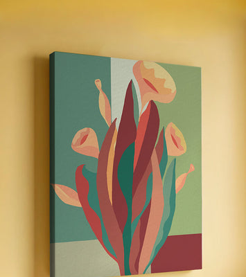 Abstract floral illustration with bold colors and geometric background