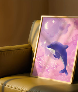 Dreamlike underwater scene with dolphin and moonlit sky