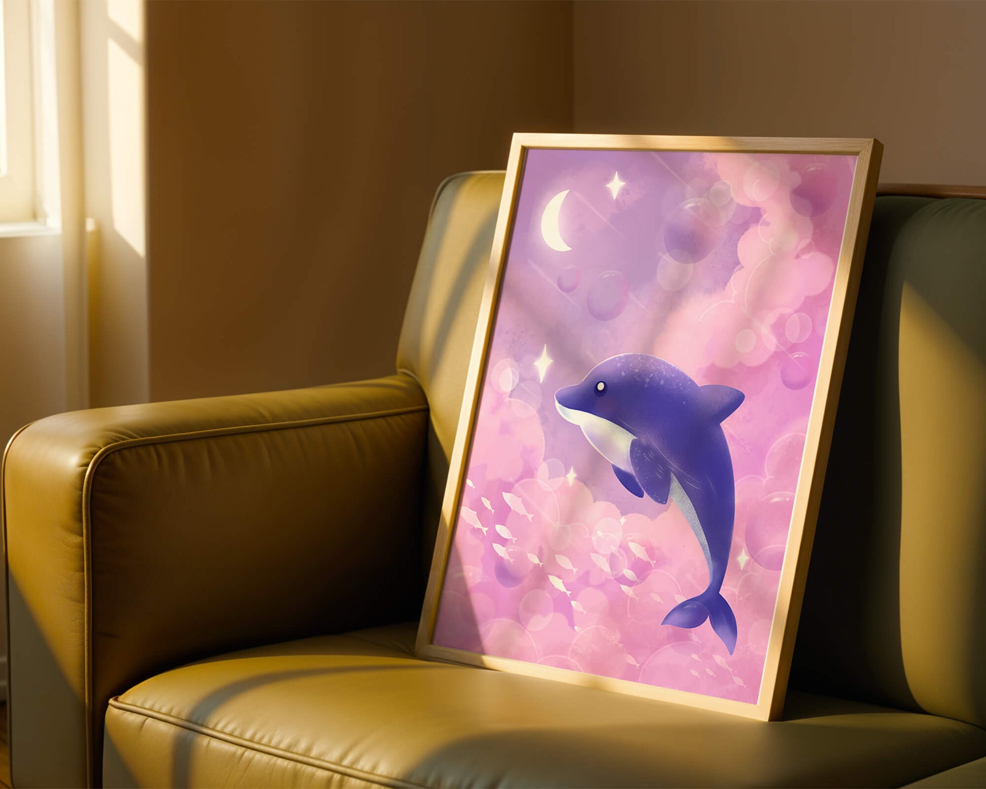 Dreamlike underwater scene with dolphin and moonlit sky