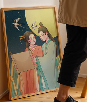 Elegant illustration of traditional attire with scroll and swallows under a full moon