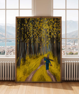 Man Walking Through a Sunny Forest with Golden Leaves