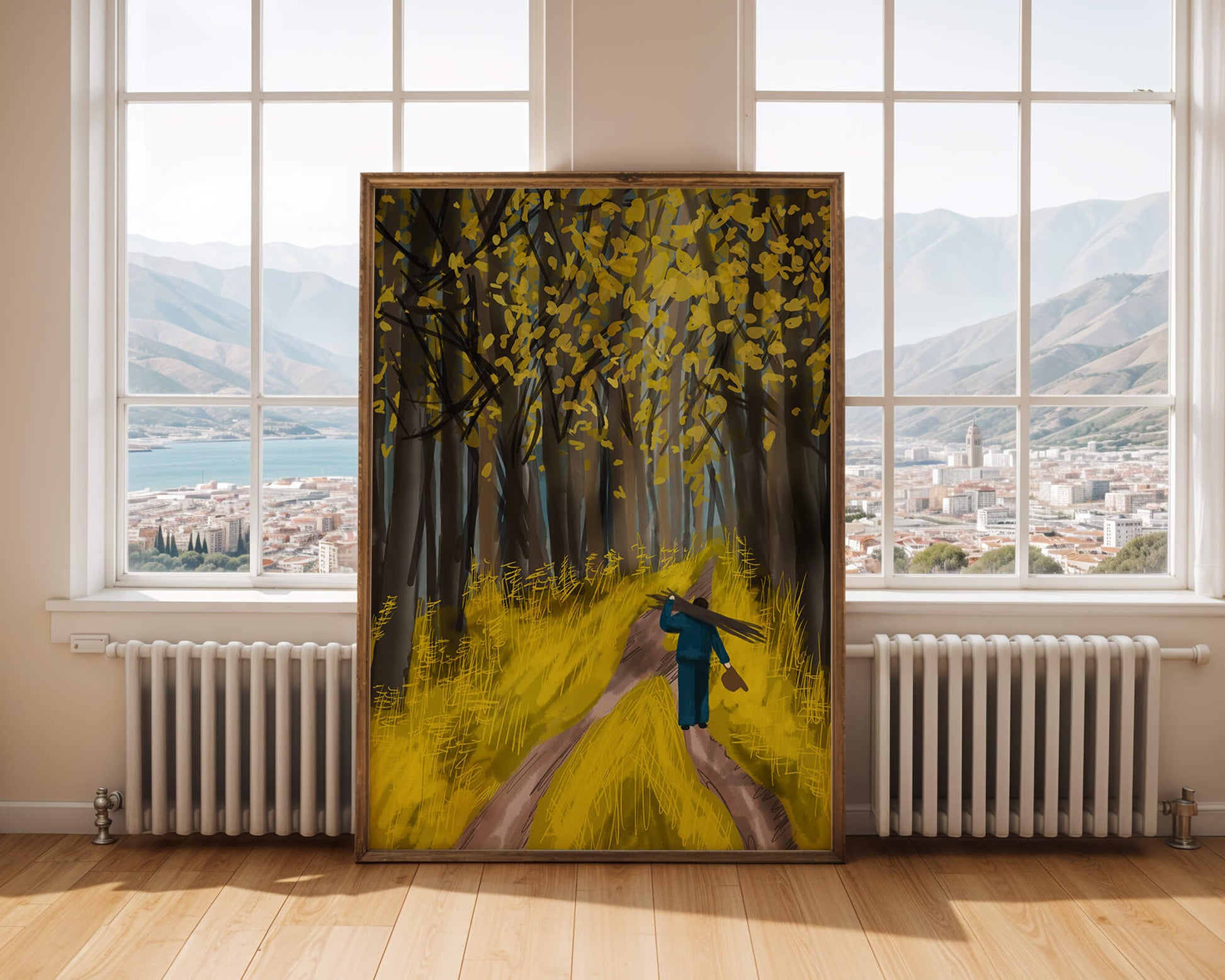 Man Walking Through a Sunny Forest with Golden Leaves