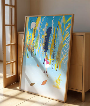 Whimsical scene with girl in colorful abstract forest