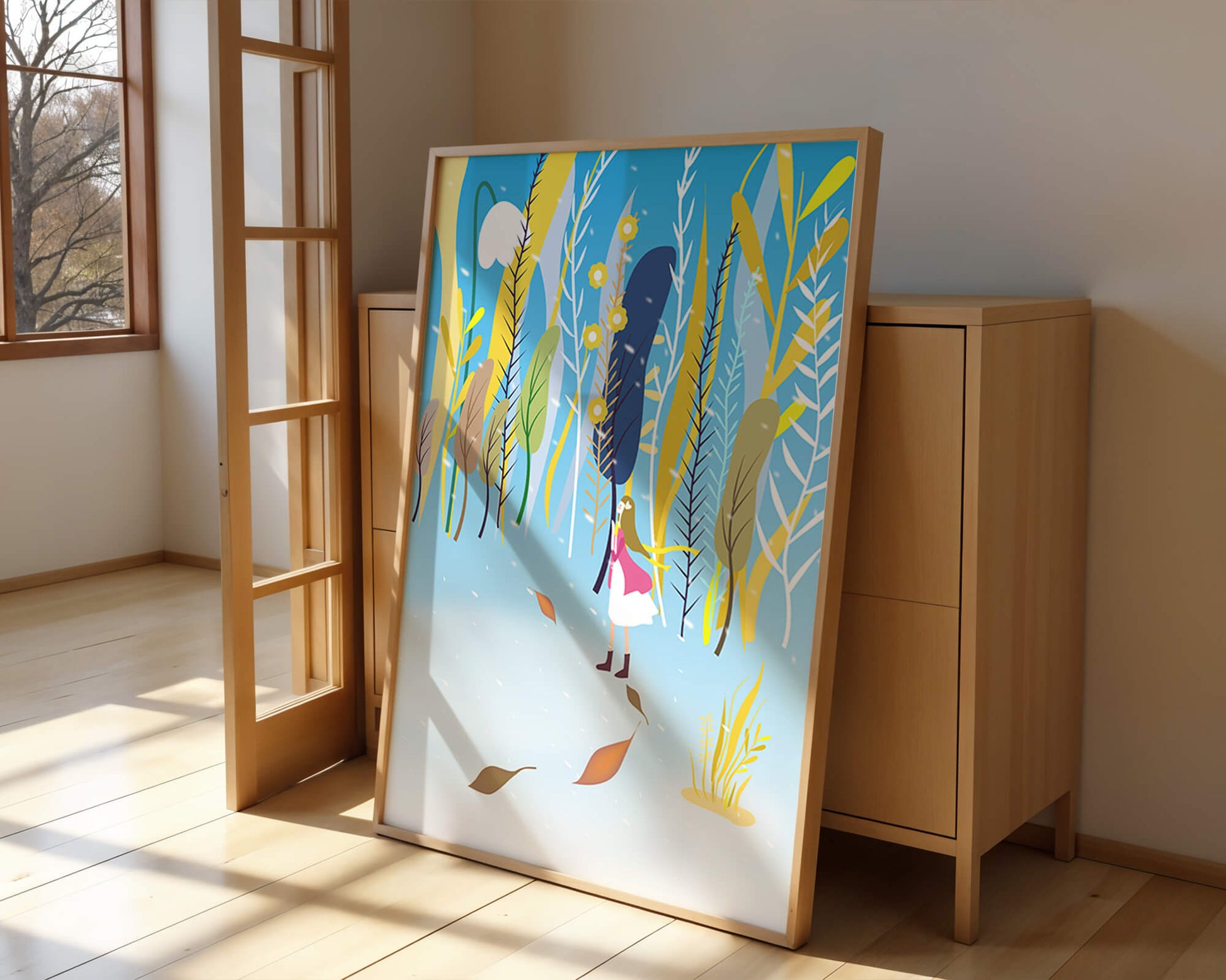 Whimsical scene with girl in colorful abstract forest