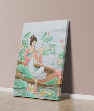 Femme élégante en tenue traditionnelle assise dans une barque parmi des fleurs de lotus