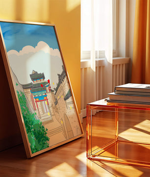 Arquitectura china tradicional con toques vibrantes y fondo escénico