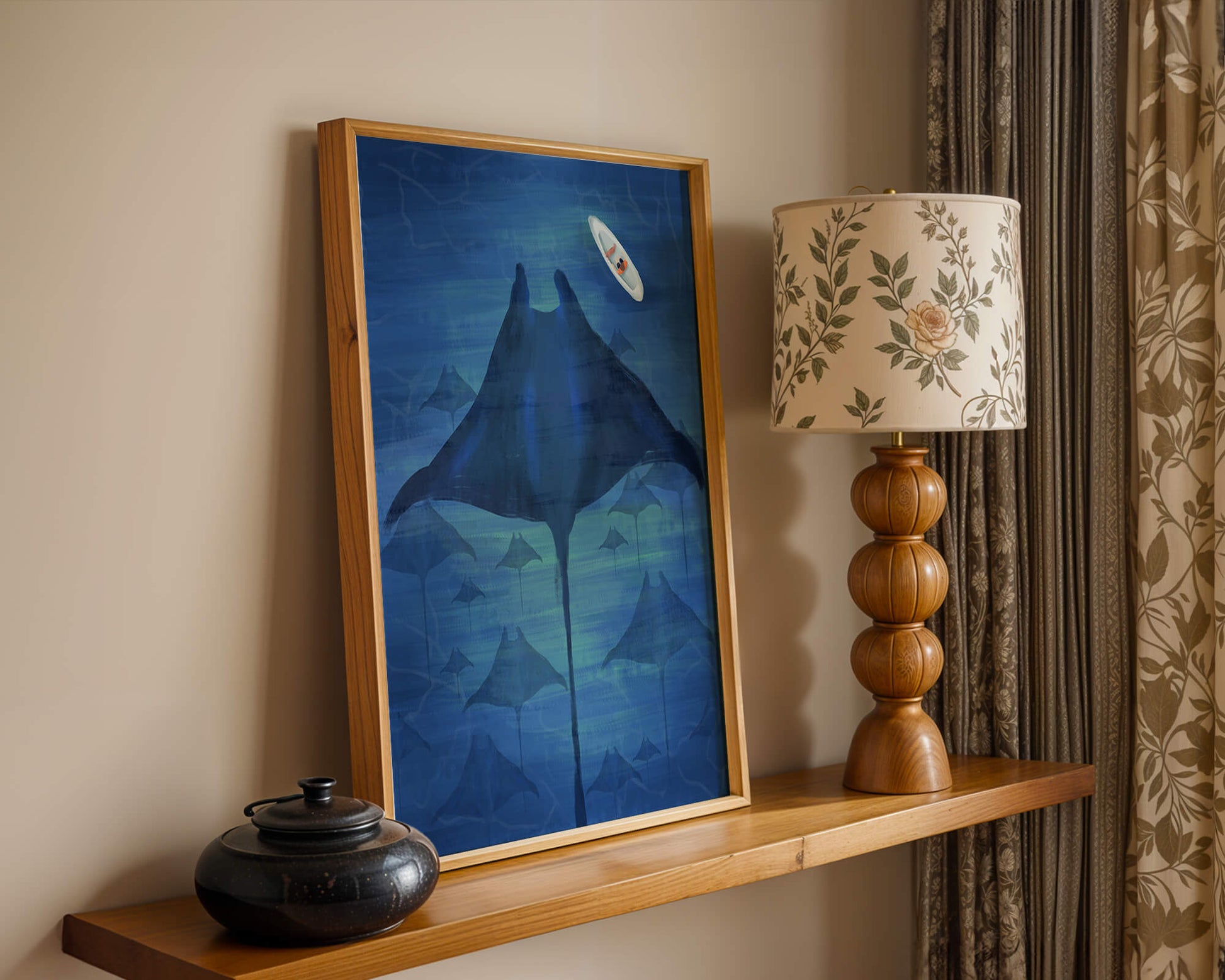Serene underwater scene with manta rays and a lone kayak