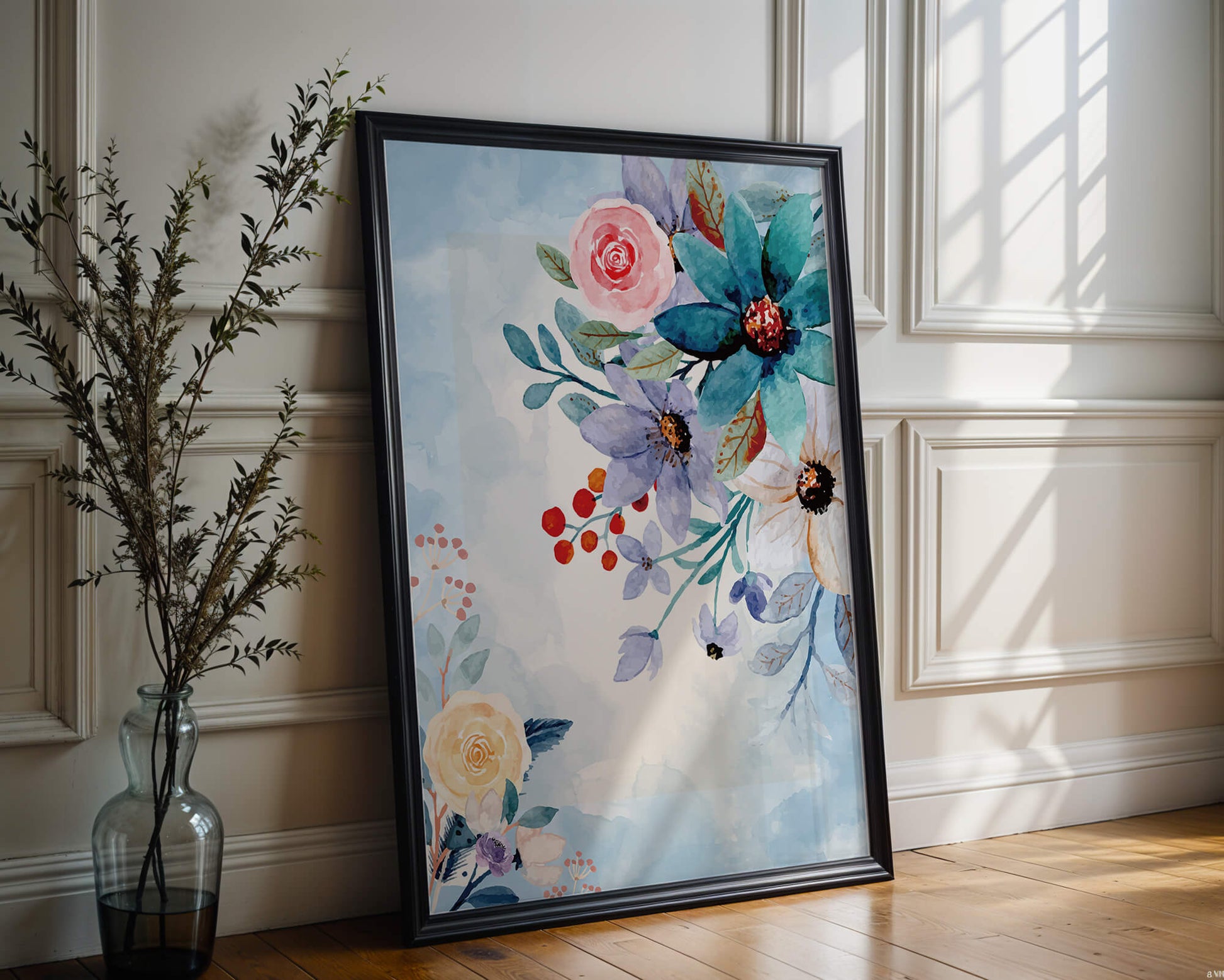 Ilustración floral acuarela con flores y hojas vibrantes