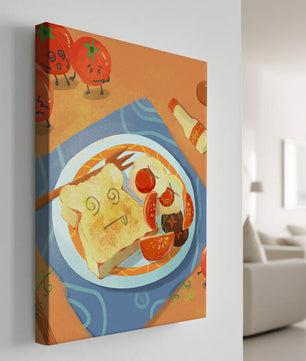 Whimsical Breakfast with Animated Tomatoes and Toast on a Bright Plate