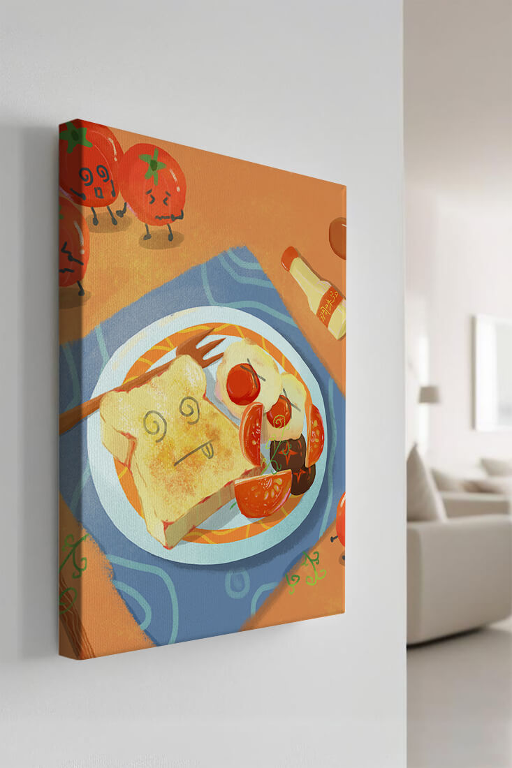 Desayuno caprichoso con tomates animados y tostadas en un plato brillante