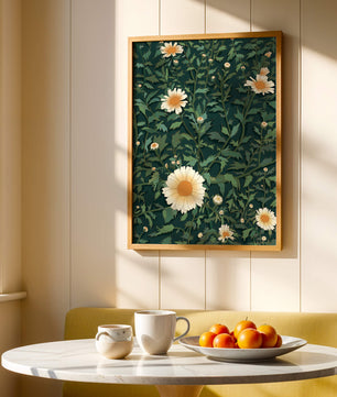 Floral pattern with daisies on a dark green background