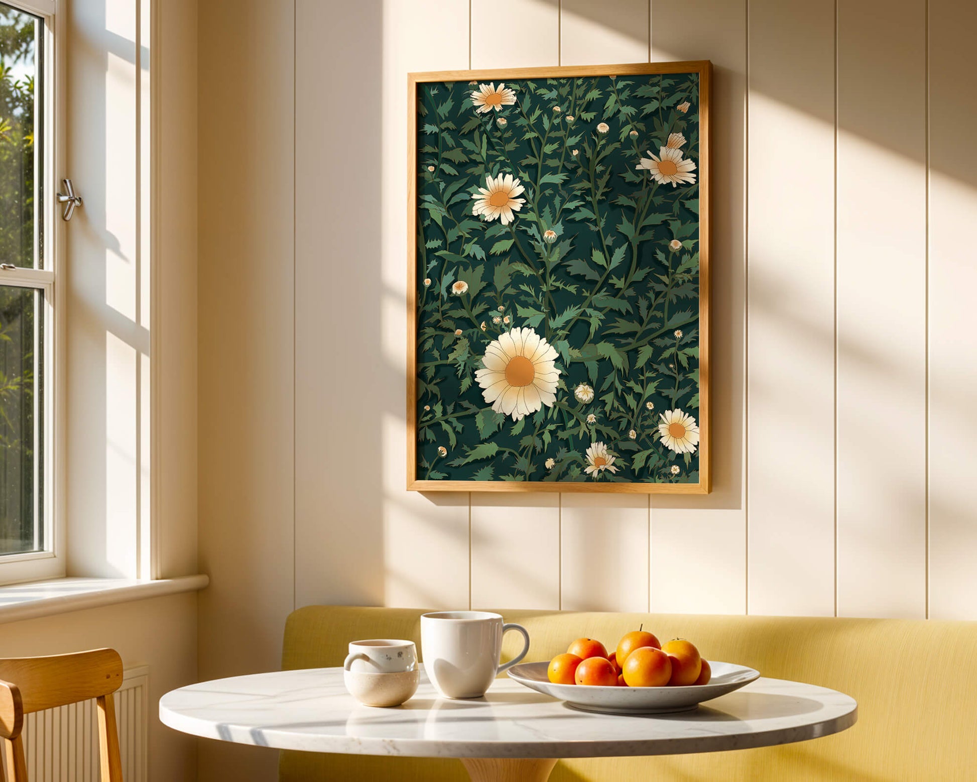 Floral pattern with daisies on a dark green background