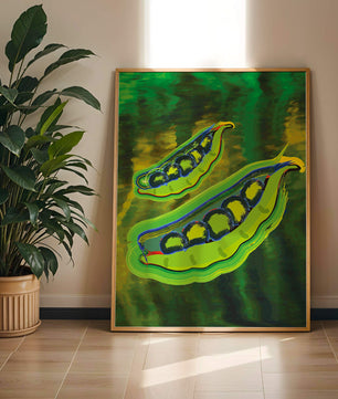 Ilustración abstracta de guisantes verdes coloridos con fondo vibrante