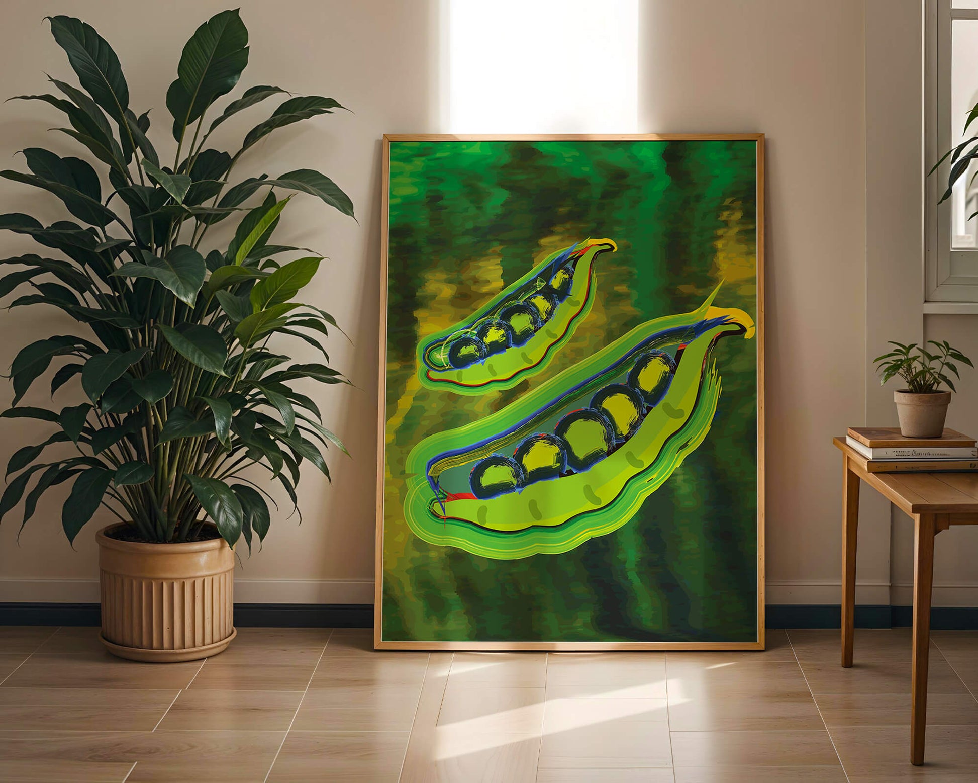 Ilustración abstracta de guisantes verdes coloridos con fondo vibrante