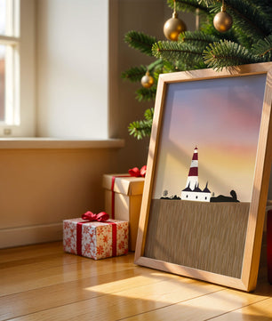Lighthouse at Dusk with Colorful Sky and Field Landscape