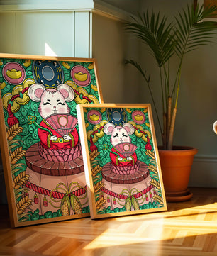Ratón decorativo encantador con elementos asiáticos y monedas sobre un fondo vibrante
