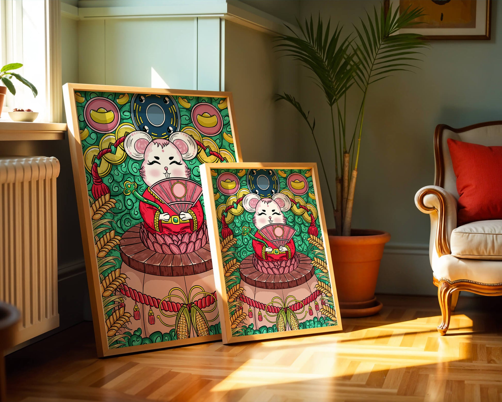 Encantador ratón decorativo con elementos asiáticos y monedas sobre un fondo vibrante.