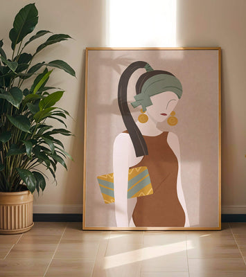Stylized woman portrait with muted colors and geometric elements