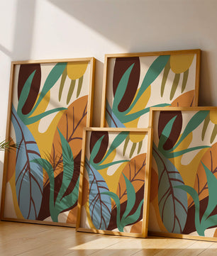 Abstract botanical design with colorful leaves and organic shapes