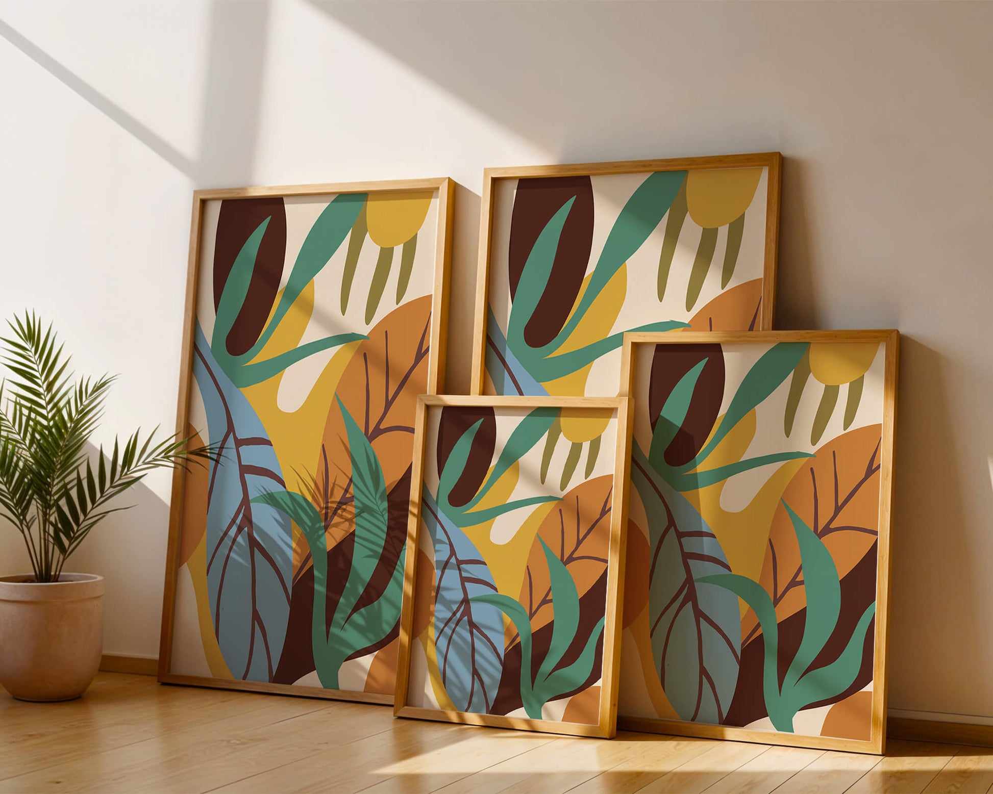 Abstract botanical design with colorful leaves and organic shapes