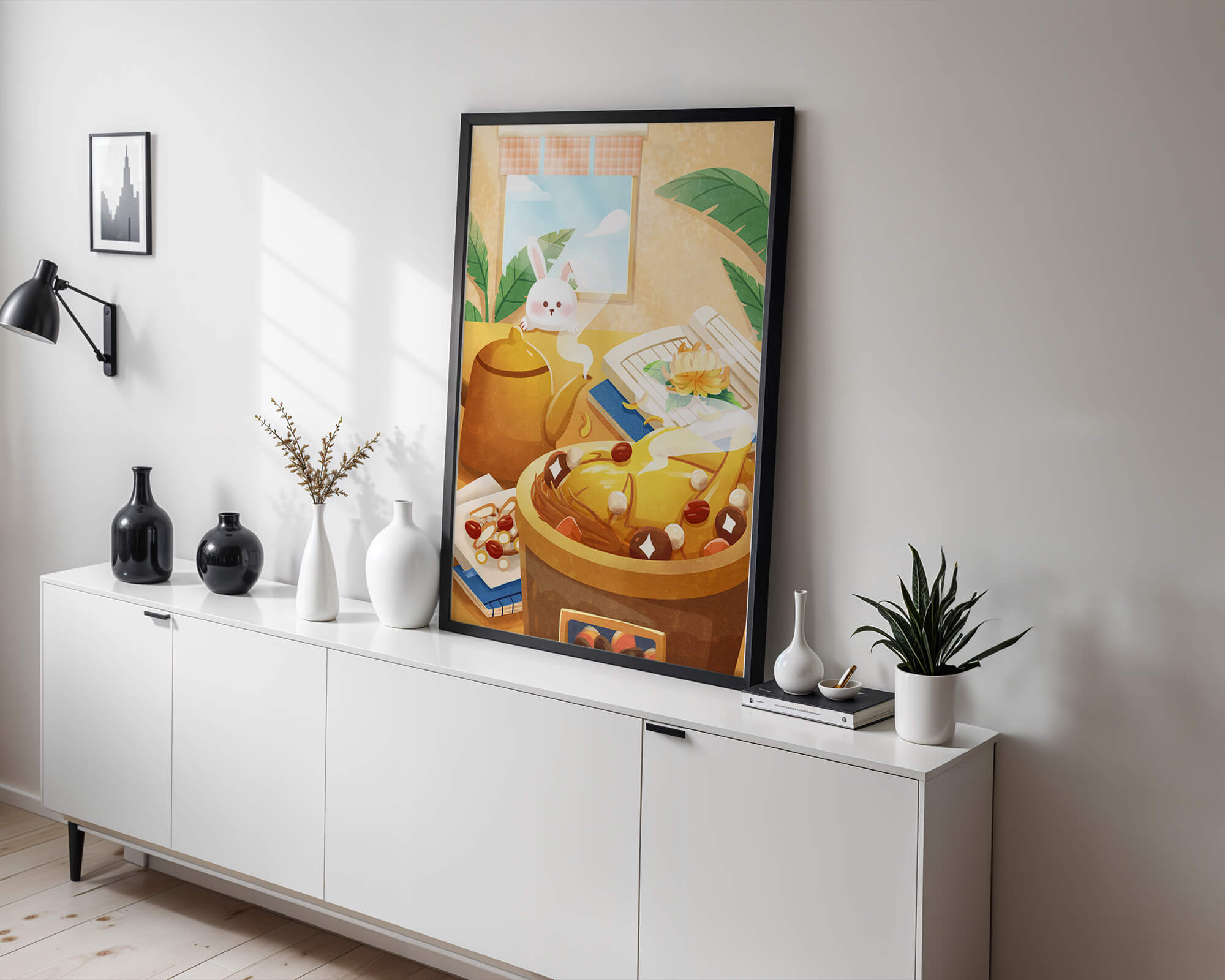 Cozy kitchen scene with cute bunny, teapot, and golden dessert