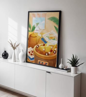 Cozy kitchen scene with cute bunny, teapot, and golden dessert