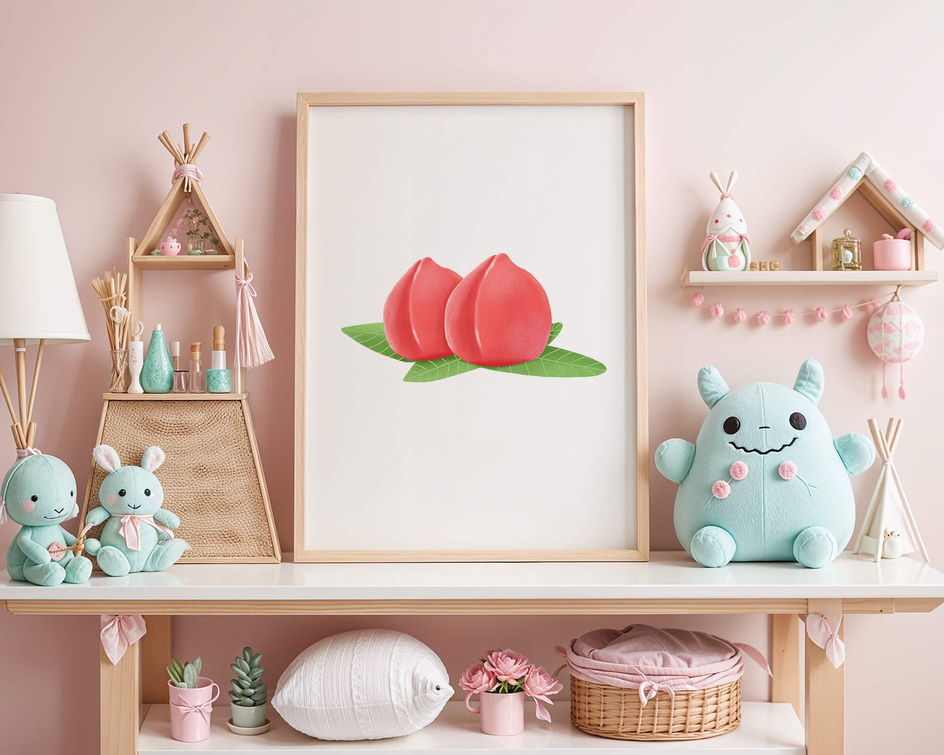 Realistic illustration of juicy peaches with green leaves